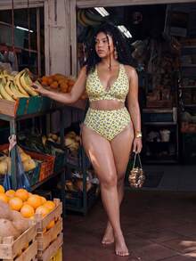 Swim Mod Plus Size Women 2-Piece Random Print Casual Swimsuit Set - Yellow - View 3