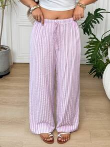 SHEIN EZwear Celana Panjang Wanita Ukuran Besar Motif Garis-Garis Patchwork Kasual Serbaguna untuk Aktivitas Sehari-hari - Berwarna merah muda - View 9