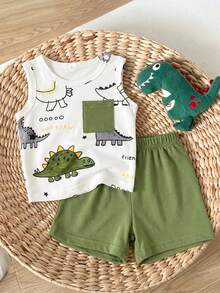 SHEIN Playful Pals Conjunto de 2 piezas para bebé recién nacido niño, top sin mangas con estampado de dinosaurio y diseño de bolsillo falso, y pantalones cortos con estampado de dinosaurio, estilo casual, sencillo y lindo, adecuado para primavera/verano, salidas, vacaciones en la playa, conjunto de moda y lindo para bebé niño - Verde militar - Ver 4