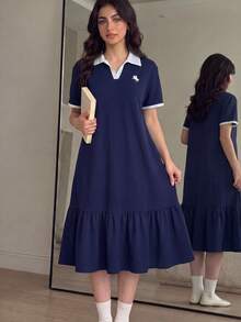 青少年女孩童裝海軍藍 Polo 領刺繡圖案荷葉邊休閒洋裝，校服風格，適合上學、戶外活動、購物、日常穿著 - 藏蓝色 - 查看 3