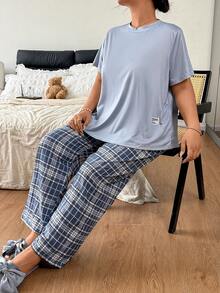 Napfluff CURVE Napfluff CURVE Plus Size Solid Color Patchwork Short Sleeve Top & Puff Wrinkle Plaid Print Long Pants Pajama Set - Multicolor - View 5