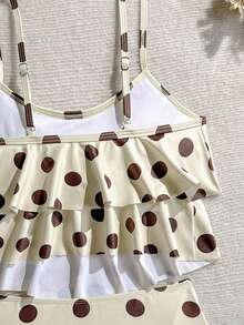 Elavelle Retro Polka Dot Ruffle One-Piece Swimsuit, Cream & Coffee Color, Tummy Control, Conservative Bathing - Multicolor - View 5