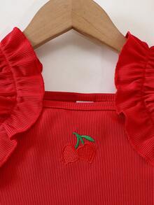 Young Girl Sweet Cherry Embroidery Flutter Sleeve Tank Top & Denim Shorts 2 Pieces Set Back To School Clothes Girls Fall Clothes Holiday Outfits - Red - View 4