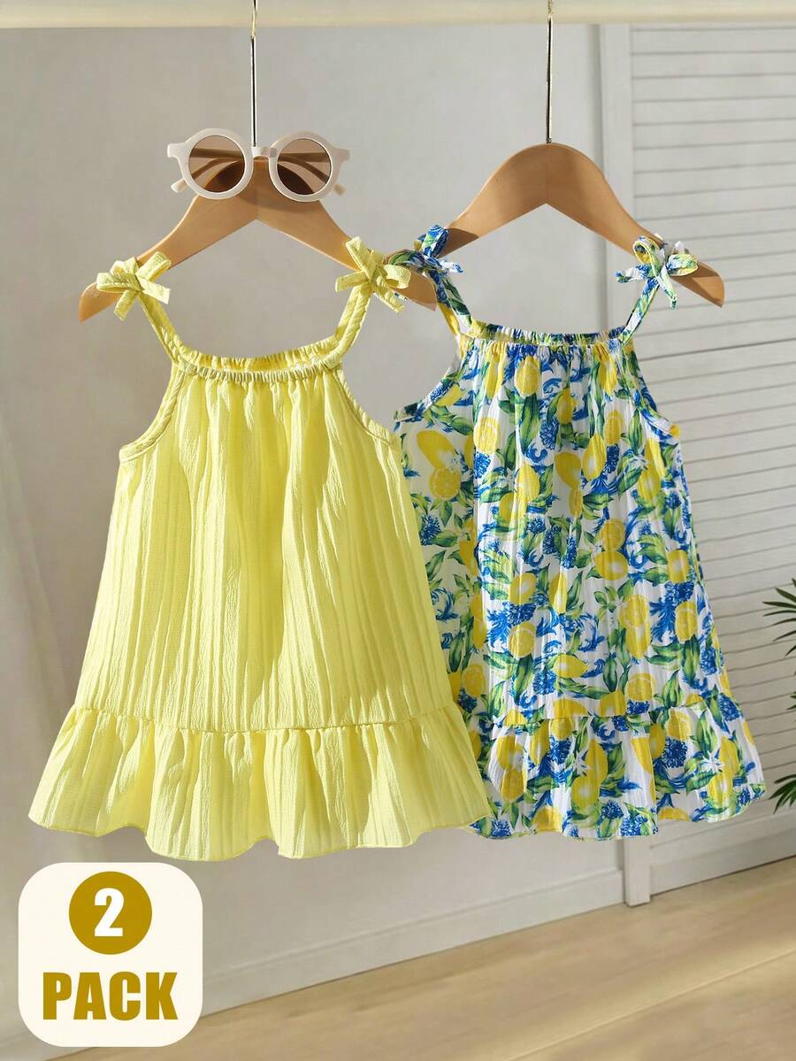SHEIN Playful Pals 2件組夏季女童洋裝,黃色細肩帶純色與檸檬印花洋裝套裝,適合休閒日常穿著,女童專屬 - 彩色 - 查看 1