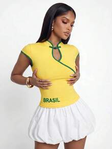 Gowayae Gowayae Women's Brazilian Color Block Frog Button Short Sleeve T-Shirt, Fitted Cropped Yellow With Green Trim - Yellow - View 6