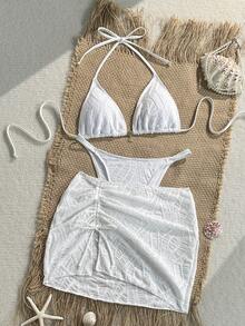 Swim SXY 女款夏季海灘純色掛脖綁帶性感比基尼三角褲兩件式泳衣套裝附迷你裙 - 白色 - 查看 4