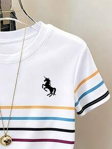 Resyla Women's Colorful Striped Crew Neck Short Sleeve T-Shirt - White - View 4