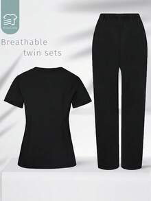 TaskEZ Conjunto de Uniforme de Fregado con Top de Manga Corta & Pantalones Largos - Negro - Ver 3