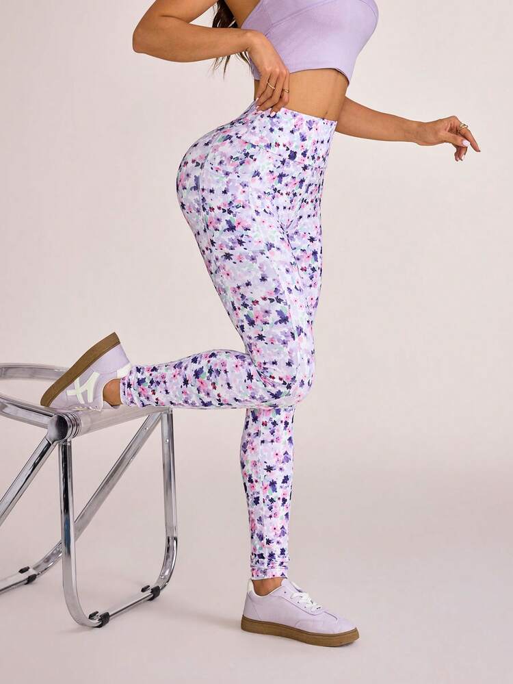 SHEIN Sovereign Charm Women's All-Over Print High-Waist Casual Versatile Daily Travel Sports Tight Leggings - Multicolor - View 1