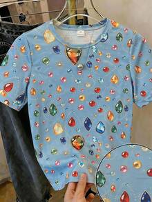 Young Girl Summer Casual Faux Denim Rhinestone Print T-Shirt - Multicolor - View 5