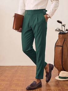 Tonviero Men's Casual Minimalist Pleated Solid Color Tapered Formal Pants, Spring/Autumn, Fall - Dark Green - View 3