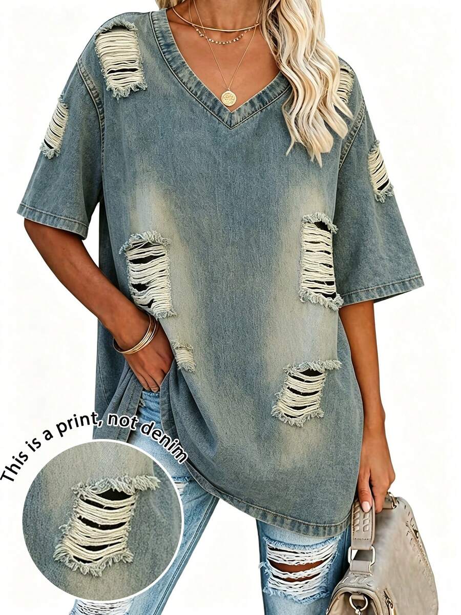 EMERY ROSE Women's Casual Distressed Round Neck Short Sleeve T-Shirt, Versatile For Daily Wear - Multicolor - View 1