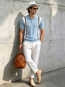 TONEVAULT Men's Fashion Button Half-Placket Short Sleeve Knit Top - Blue - View 6