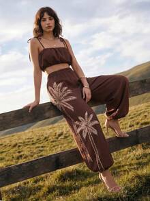 CAJUNI Set Atasan Camisole Pendek Warna Polos dan Celana Jogger Motif Pohon Palem untuk Liburan Pantai, Nuansa Cokelat Tua, Gaya Boho Tropis Musim Panas - Coklat - View 8