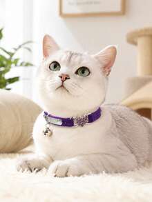 1pc Pet Collar With Rhinestone Heart & Bell Decoration, Cat Collar - Multicolor 3 - View 2
