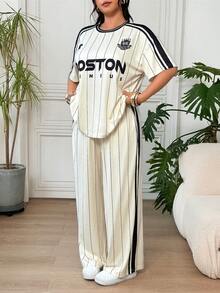 SHEIN EZwear 杏色休閒女款大尺碼字母條紋短袖T恤與長褲套裝 - 杏色 - 查看 7