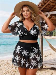 SHEIN CURVE+ Plus Size Women Deep V Palm Leaf Print Mesh 2 Pieces Swimsuit Beach Vacation Summer Tropical Safari - Black - View 4