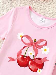 4件組青少年女孩夏季輕量櫻桃與草莓印花居家服，淺粉色短袖上衣與短褲，針織面料，舒適柔軟彈性修身，可愛甜美風格，休閒睡衣套裝，適合居家與戶外穿著 - 粉色 - 查看 3