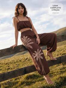 CAJUNI Set Atasan Camisole Pendek Warna Polos dan Celana Jogger Motif Pohon Palem untuk Liburan Pantai, Nuansa Cokelat Tua, Gaya Boho Tropis Musim Panas - Coklat - View 1