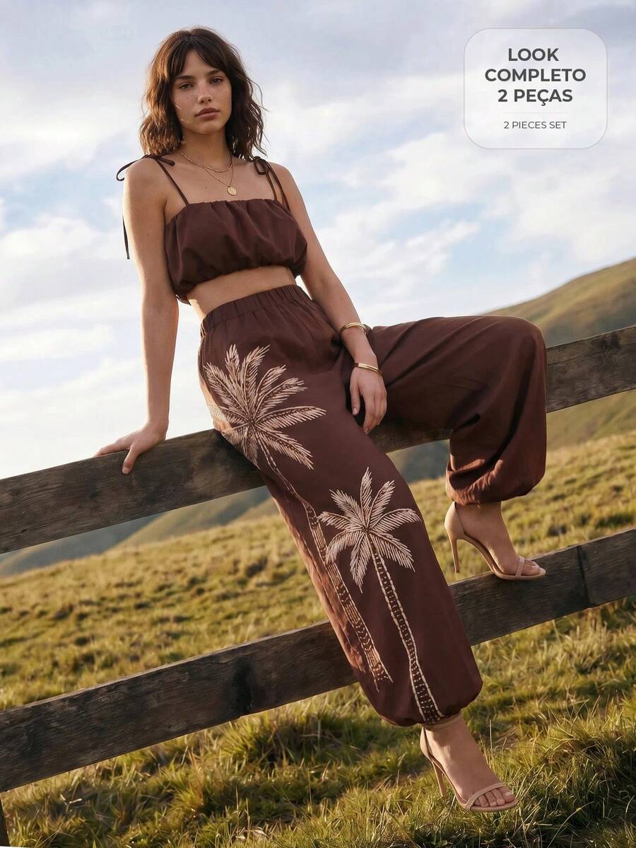 CAJUNI Set Atasan Camisole Pendek Warna Polos dan Celana Jogger Motif Pohon Palem untuk Liburan Pantai, Nuansa Cokelat Tua, Gaya Boho Tropis Musim Panas - Coklat - View 1