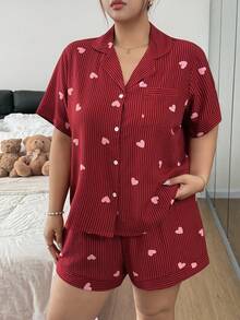 Napfluff CURVE Napfluff CURVE Set Piyama Ukuran Besar Lengan Pendek dengan Kerah Motif Hati Bergaris - Merah - View 3