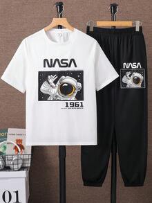 SHEIN 青少年男孩休閒舒適百搭太空人印花短袖上衣與長褲套裝 - 彩色 - 查看 5