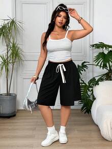 SHEIN EZwear 大尺碼夏季休閒百搭純色短褲 - 黑色 - View 3