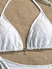 Swim SXY 女款夏季海灘純色掛脖綁帶性感比基尼三角褲兩件式泳衣套裝附迷你裙 - 白色 - 查看 7