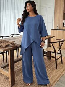 Weeklong Navy Blue Crewneck 3/4 Sleeve Loose Two Pieces Set, Asymmetric Overlap Hem, Plus Size, Cotton-Linen, Casual Resort, Summer Pastoral Style - Blue - View 5