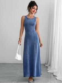 Elenzga Women's Hollow Out Lace-Up Sleeveless Long Denim Dress - Blue - View 7