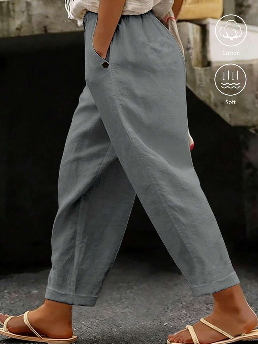 EMERY ROSE Plus Size Women's Casual Pure Cotton Solid Color Long Pants With Pockets And Button Closure - Grey - View 1