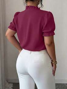 Elenzga Plus Size Premium Elegant Commuter Solid Color Turn Collar Blouse - Purple - View 2