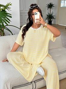 SHEIN EZwear 黃色與白色條紋上衣長褲休閒正裝商務休閒端莊大尺碼女裝套裝，適合度假、辦公室、早午餐、半正式場合，夏季穿著 - 薑色 - 查看 7