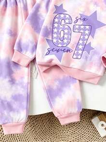 SHEIN 春秋冬女童粉紫色紮染圓領套裝，時尚星星數字「6 7」印花長袖衛衣與收口長褲兩件套，舒適可愛休閒運動幼童套裝，Ins韓風嬰兒日常穿搭百搭寬鬆童裝 - 彩色 - 查看 5