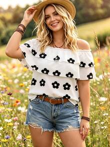 SHEIN Clasi Plus Size Women's Classic White Print Layered Ruffle Off-Shoulder Blouse Vacation Summer Boho - White - View 1