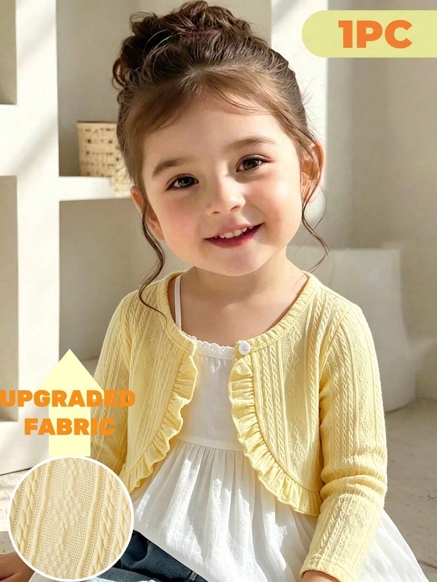 SHEIN Elladie kids 女嬰春夏紋理布料舒適百搭日常開襟衫,嬰幼兒春秋針織長袖前開式拼接荷葉邊短版波羅衫,輕盈柔軟,可搭配多款洋裝,適合女嬰秋季日常外出與疊穿,溫柔甜美 - 黃色 - 查看 1