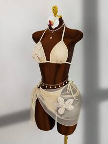 Zestiva Women's Summer Gentle Beige Apricot Mesh Pearl 3D Floral Bikini & Sheer Cover-Up Set, Minimalist Sexy Style, Vacation Vibe, Beach, Hot Spring, Swimwear Set - Apricot - View 5