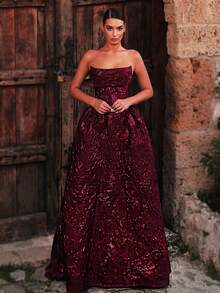 Glamrae Elegant Romantic Fashion Burgundy 3D Jacquard Fabric Strapless Cowl Neck Long Maxi A-Line Skirt Dress With Detachable Back Bow Decoration, Suitable For Graduation, School Opening, Music Festival, Birthday Party, Wedding, Afternoon Tea Party, Prom, Bachelorette Party, All Formal Occasions, Women's Evening Gown - Burgundy - View 7