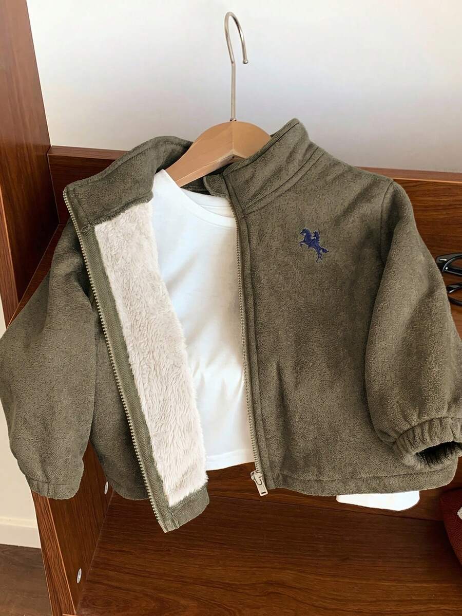 SHEIN 男嬰可愛秋冬麂皮保暖內裡立領夾克卡其色拉鍊外套 中性嬰兒衣 冬季嬰兒服 適合室內、戶外、日常、運動、玩耍、派對、攝影、度假、節日、電音派對 - 軍綠色 - 查看 1