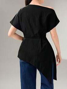 Modelyn Plus Size Solid Color Asymmetrical Hem Asymmetric Neck Waist-Cinching Blouse Wedding Guest Black Summer Elegant - Black - View 4