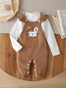SHEIN Vintaside Kids 女嬰針織連身衣 春/秋款 卡通提花羅紋連身褲附吊帶，粉色可愛毛茸茸兔子設計，荷葉袖配荷葉邊袖口，嬰兒爬行服 - 卡其色 - 查看 1
