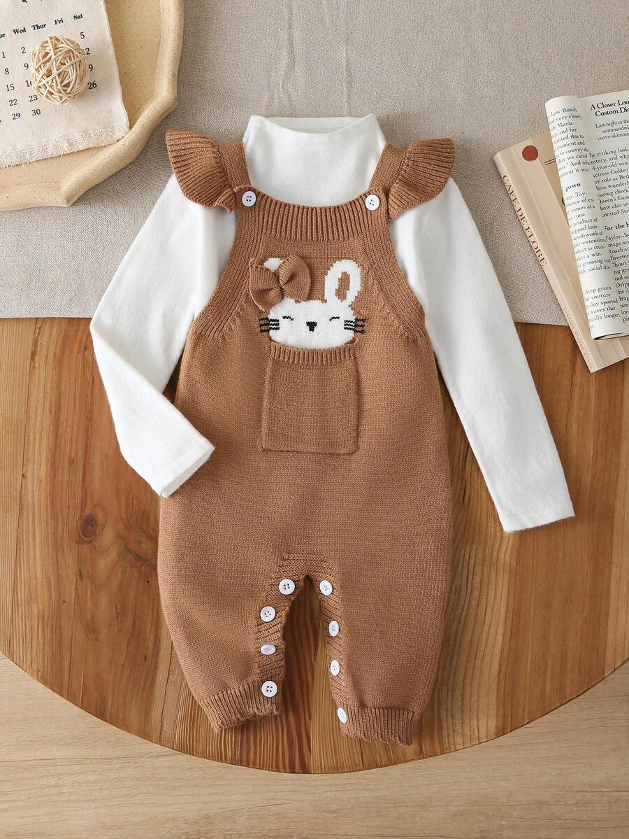SHEIN Vintaside Kids 女嬰針織連身衣 春/秋款 卡通提花羅紋連身褲附吊帶，粉色可愛毛茸茸兔子設計，荷葉袖配荷葉邊袖口，嬰兒爬行服 - 卡其色 - 查看 1