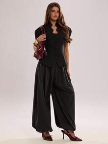 SHEIN BAE Women's Casual Commute Floral Sleeve Lace Patchwork Black Blazer Short Sleeve Top, Suitable For Casual Commute, Daily Wear, Office Commute, Casual Outing, Black Waist-Cinching Top, Black Blazer Top, Daily Outing, Office Blazer Wear, Office Commute Black Top - Black - View 6