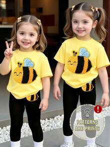 Baby Girl Fresh Cute Cartoon Bee Embroidery Pattern Basic Short T-Shirt & Leggings Set, Comfortable Daily Wear, Little Bee Insect Kawaii Yellow T-Shirt Black & Yellow Classic Color Combination - Multicolor - View 1