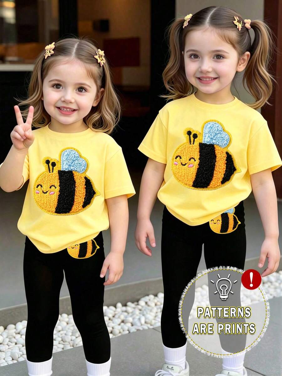 Baby Girl Fresh Cute Cartoon Bee Embroidery Pattern Basic Short T-Shirt & Leggings Set, Comfortable Daily Wear, Little Bee Insect Kawaii Yellow T-Shirt Black & Yellow Classic Color Combination - Multicolor - View 1