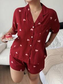 Napfluff CURVE Napfluff CURVE Set Piyama Ukuran Besar Lengan Pendek dengan Kerah Motif Hati Bergaris - Merah - View 4