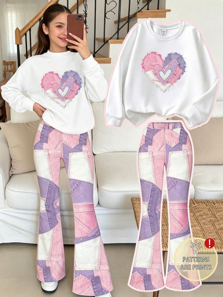 SHEIN 女童 2 件套 白色極簡風仿丹寧印花衛衣 美式復古丹寧愛心印花設計 全身印花喇叭褲套裝 適合 8Y-12Y 女孩 春秋冬日常穿著舒適 - 白色 - 查看 1
