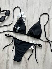 Bonvoyette Springbreak Women's New Summer Textured Fabric Solid Color Scalloped Edge Shoulder Strap Backless Triangle Bikini Set With Side Straps For Beach Vacation - Black and White - View 3