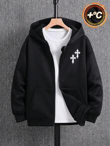 SHEIN 兒童 Bolty 十字玫瑰紋理帥氣龐克復古態度個性化大童男孩休閒衛衣，秋冬穿搭，亦適合夏季 - 黑色 - 查看 5
