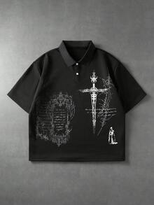 ROMWE MEN Goth 男士十字標語印花休閒百搭日常穿著短袖 Polo 衫 - 黑色 - 查看 2